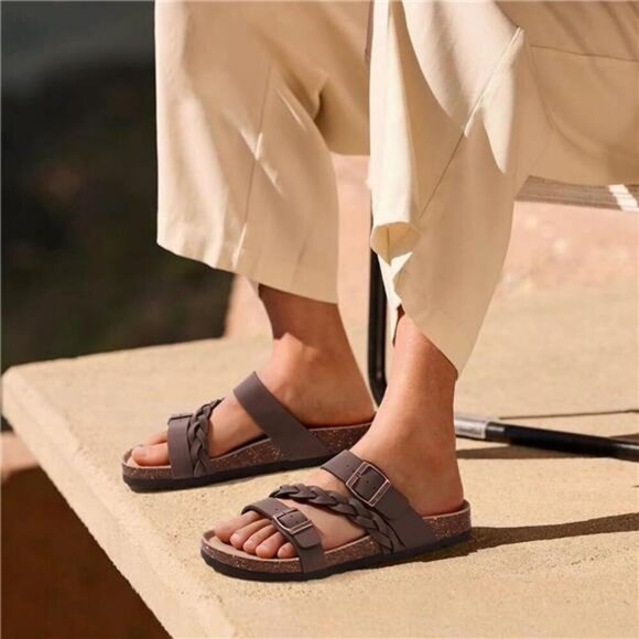 Womens Cork Footbed Slide Sandals Arch Support Adjustable Summer Slip On - Picture 7 of 8